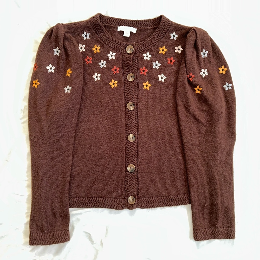 Lightweight Brown Floral Embroidered Button Front Cardigan